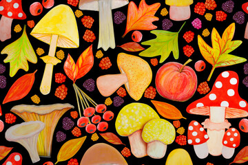 Seamless watercolor pattern with painted mushrooms, berries, apples and autumn leaves on a black background.