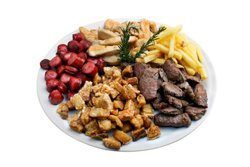 Plate of snacks, meat, potatoes, sausage, cracklings