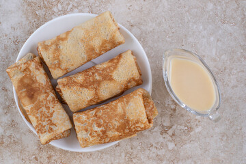 Homemade thin fresh crepes for breakfast or dessert