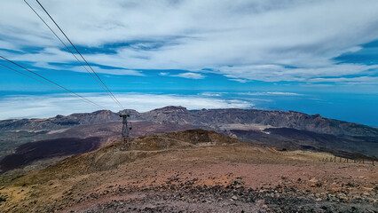 Panoramic view from Teleferico del Teide cable car station on volcano mount Pico del Teide, El Teide National Park, Tenerife, Canary Islands, Spain, Europe. Support towers of the funicular railway