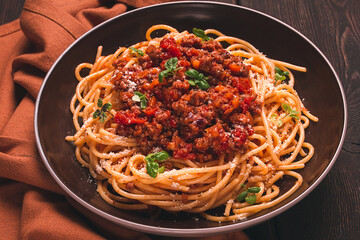 Spaghetti Bolognese, top view, close-up, no people, homemade,