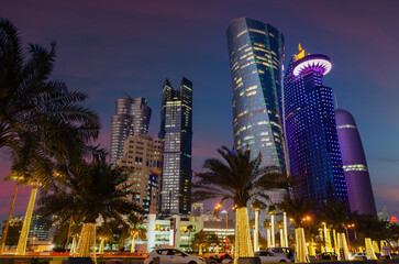 The modern skyline of Doha City, Qatar, by night