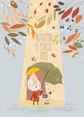 Happy Cartoon Girl standing under Umbrella with Funny Dog