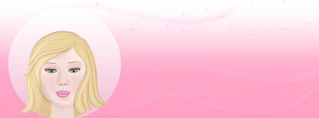 Brunette doll banner, girly art cover, sparkling stars with flows and smoke