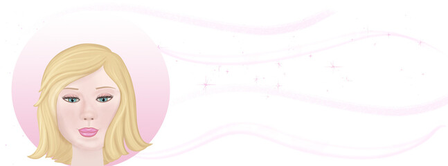 Obraz na płótnie Canvas Blonde doll banner, girly art cover, half moon with sparkling stars