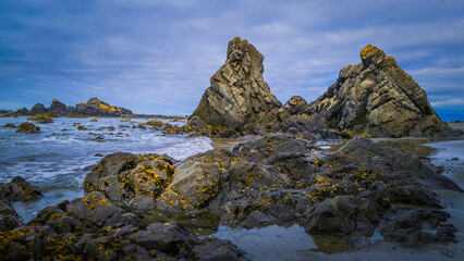 Fototapeta na wymiar Massive volcanic rocks covered with seaweeds on Point St. George beach in Crescent City, California. Seascape with dramatic clouds at dusk on the deserted coastal footpath. 
