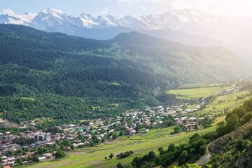 Fototapeta premium Mestia village top view, Upper Svaneti region, Georgia. Beautiful Svaneti Summer landscape.