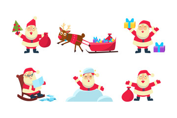Collection of Christmas Santa Claus in different situations cartoon vector illustration