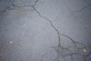 Obraz premium background of cracks on asphalt, green moss lichen in cracks on asphalt, road surface in cracks from global warming, concrete gray road surface, long holes in the surface
