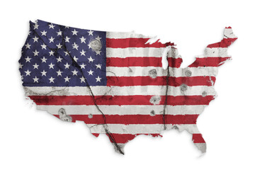 Flag of the United States of America (USA, US, America) painted on a cracked wall with bullet holes in shape of USA map. Shootings, crime and violence in the States concept.