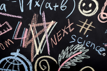 school blackboard with chalk-drawn drawings and formulas.