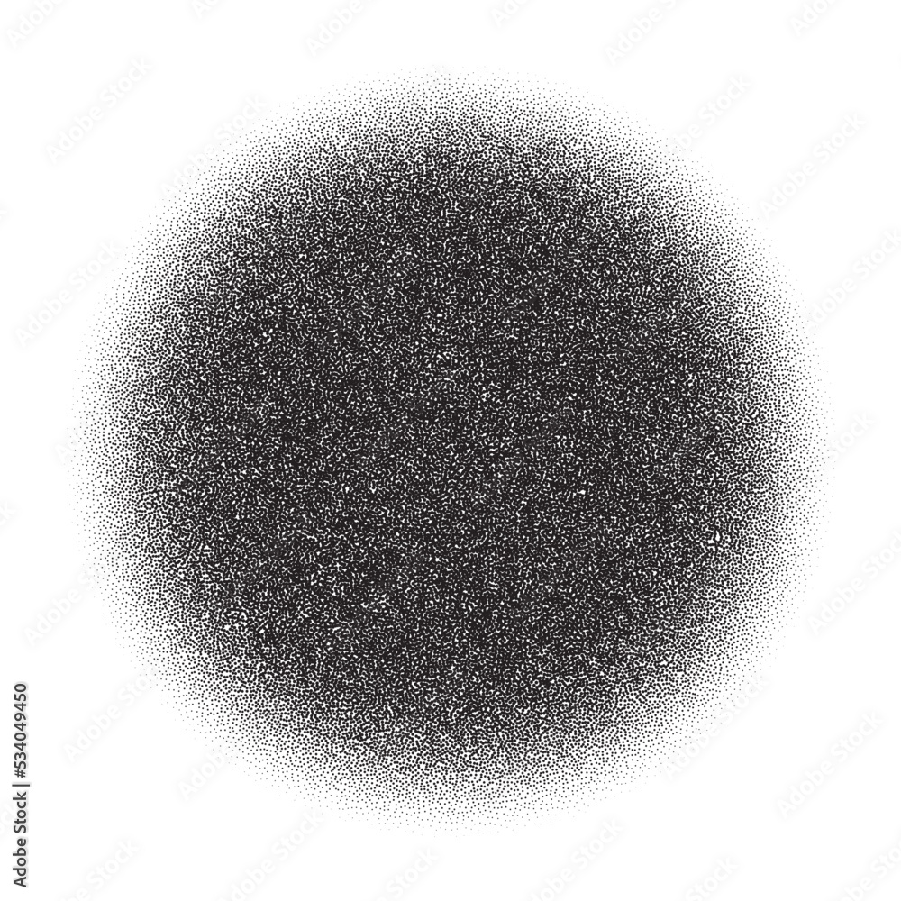 Aufkleber Grain circle gradient. Stippled round shape. Radial stochastic dotwork texture. Random grunge noise background. Black dots sphere. Halftone vector 