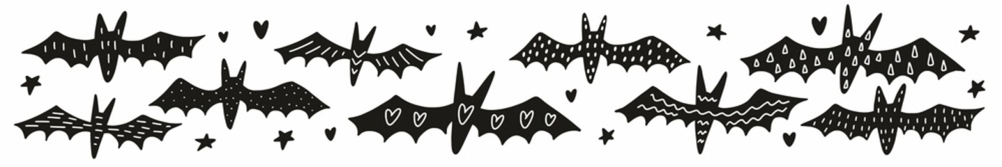 Vector, children's, horizontal pattern with hand-drawn bats in the doodle style