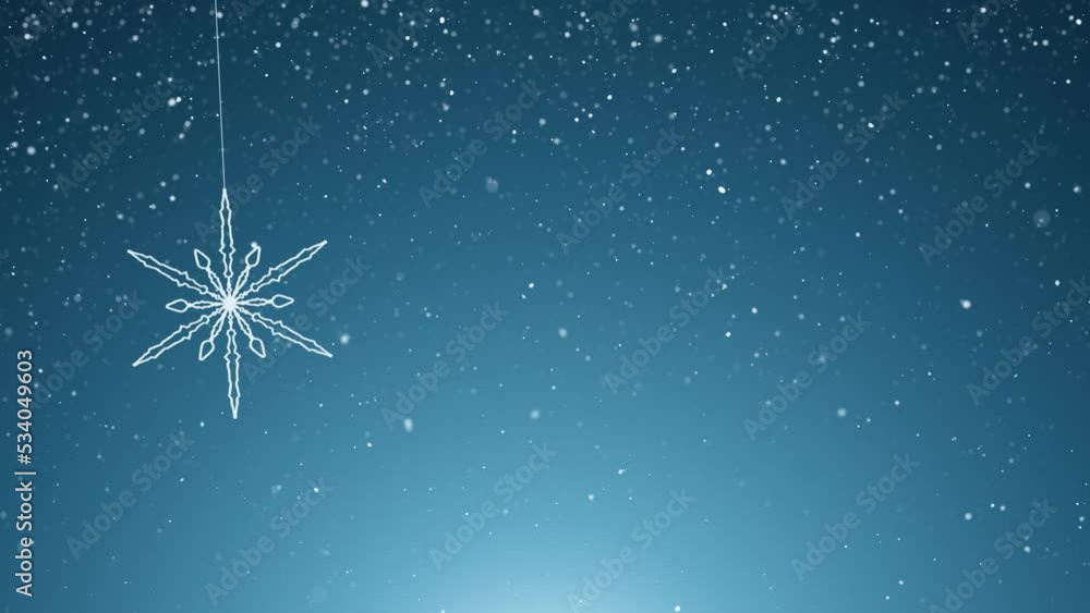 Poster 3d snowflake swinging looped animation with snowfall copy space background.