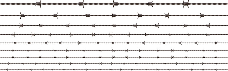 Rows of Rusty Barbed Wire With Different Scale. Front View. 3D Illustration