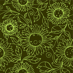 seamless pattern of light green contours of flowers on an olive background, texture, design