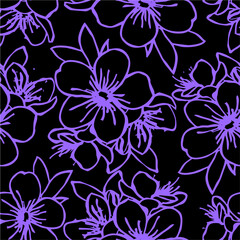 Fototapeta na wymiar seamless pattern of blue contours of flowers on a black background, texture, design