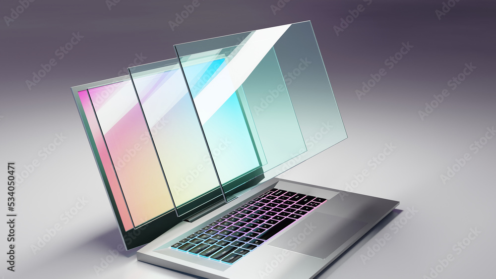 Poster layer glass screen display laptop computer. 3d illustration rendering.