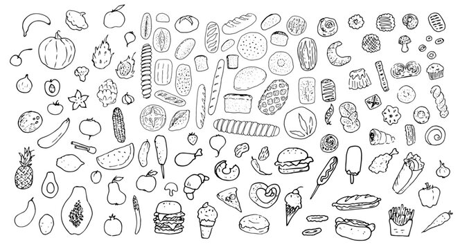 collection of food products. doodle icons set of bakery products, fast food sweets, and fruits and vegetables black insulated contour insulated elements for restaurants and markets, cafes bakeries