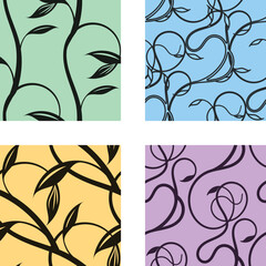 Set of plant climbing seamless Patterns. Nature backgrounds collection. Curly silhouette decoration. Fabric design, background.