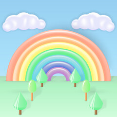 Plasticine or polymer miniature 3d forest background in pastel tones decorated with cute seven color rainbow arc and clouds on the sky background. Cartoon Style Concept.