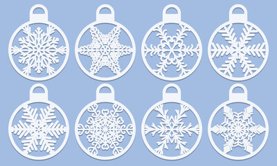 Set of balls with snowflakes Laser cut pattern for christmas paper cards, design elements, scrapbooking Xmas tree decor Laser or plotter cutting printing serigraphy or wood carving