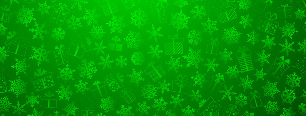 Background made of complex Christmas snowflakes and gift boxes with different patterns, in green colors