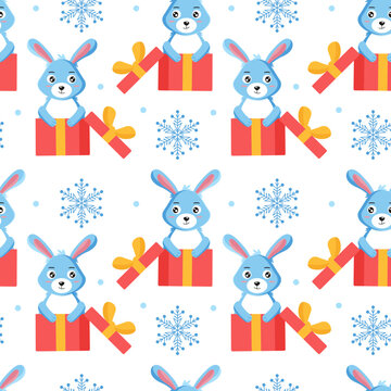 Rabbit sitting in a gift box and snowflakes around. Seamless pattern. Can be used for web page background fill, surface texture