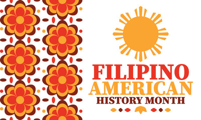 Filipino American History Month. Happy holiday celebrate annual in October. Filipinos and United States flag. Culture month. Patriotic design. Poster, card, banner, template. Vector illustration