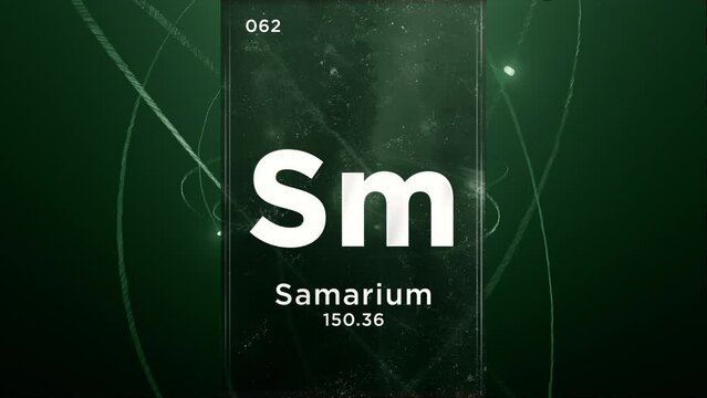 Samarium (Sm) symbol chemical element of the periodic table, 3D animation on atom design background