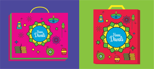 Diwali festival flat modern elements illustration and icon. Diwali gift packaging graphic and web design templates. deepavali firecrackers, diwali crackers flat vector, gift box packaging shopping bag