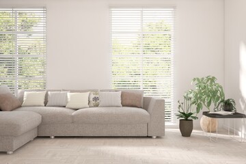 White living room with sofa and summer landscape in window. Scandinavian interior design. 3D illustration