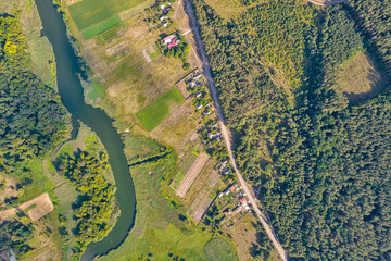 Drone view over summer river Ros landscape, Ukraine.