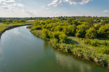 Drone view over summer river Ros landscape, Ukraine.