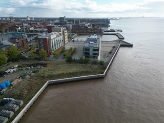 aerial view of Hull City Center, Hull Pier, Nelson Street Kingston upon Hull waterfront landscape, Yorkshire
