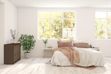 White bedroom interior. Scandinavian design. 3D illustration