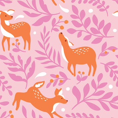 Vector Seamless pattern with deer and botanical elements.