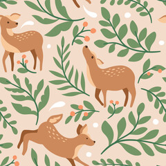Vector Seamless pattern with deer and botanical elements.