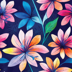 A seamless floral pattern with colourful flowers and blue background