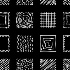 Square abstract line black seamless patterns. Rectangle contemporary hand drawn doodle shapes backdrop. Spots, drops, curves, Lines. Contemporary modern trendy Vector illustration.
