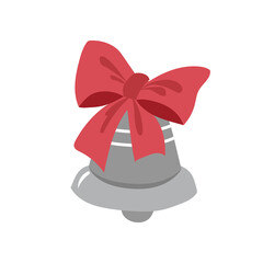 Christmas bell with a red bow. Doodle style. A design element. Minimalistic flat design.