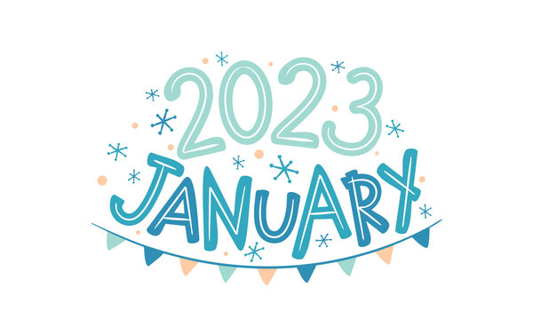 January 2023 logo with hand drawn snowflakes and garland. Months emblem for the design of calendars, seasons postcards, diaries. Doodle Vector illustration isolated on white background.
