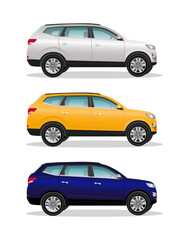 Three different colors cars on white background. Luxury offroad vehicles, white, yellow, blue. Realistic crossover.