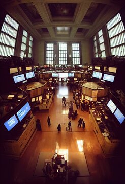 An Illustration Inside The Interior Of The American Stock Exchange On Wall Street In New York City. Computer Screens And Banks Monitor The World's Stock Markets And Trading. 3D Render Vertical