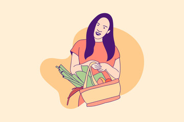 Illustrations beautiful woman holding picnic basket food for World Food Day design concept