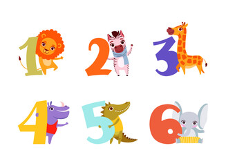 Numbers and cute animals set. Birthday anniversary numbers with lion, zebra, giraffe, hippo, crocodile, elephant cartoon vector illustration