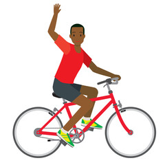 自転車に乗って手を振る笑顔の8等身黒人系男性のイラスト　自転車通勤　健康増進　エコロジー