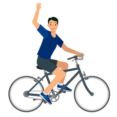 自転車に乗って手を振る笑顔の8等身アジア系男性のイラスト　自転車通勤　健康増進　エコロジー