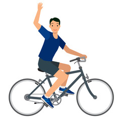 Naklejka premium 自転車に乗って手を振る笑顔の8等身アジア系男性のイラスト 自転車通勤 健康増進 エコロジー