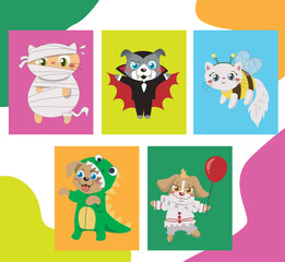 Halloween flashcard with cute animals. Ready to print. Printable game card. Educational card for preschool. Vector illustration.